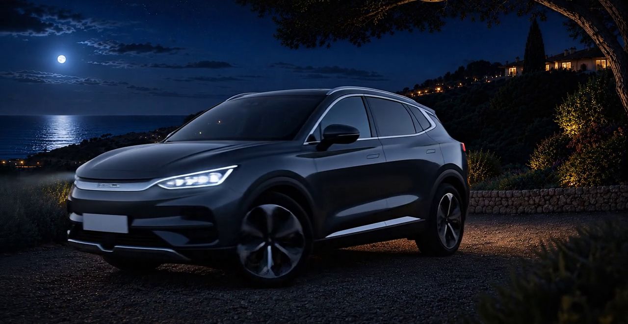 Le BYD Tang de PRODRIVE VTC vu de trois quarts avant, de nuit.
