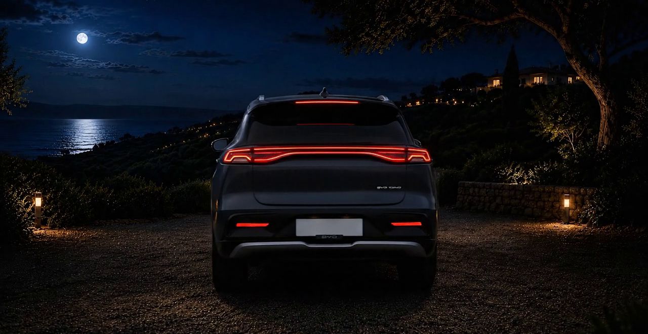 Le BYD Tang de PRODRIVE VTC vu de l’arrière, feux allumés, de nuit.