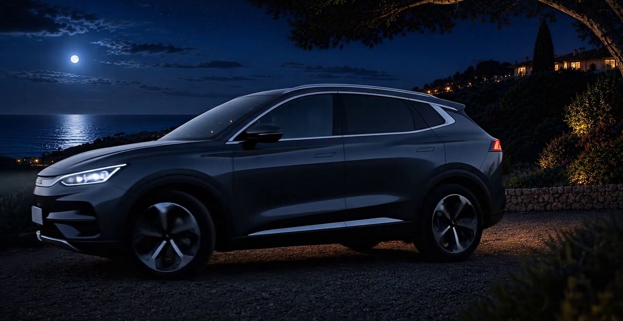 Le BYD Tang de PRODRIVE VTC vu de profil, de nuit, phares allumés.